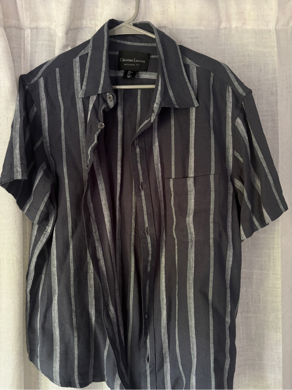 Christian Lacroix Navy Short-Sleeve Vertical Stripe Button-Up Shirt